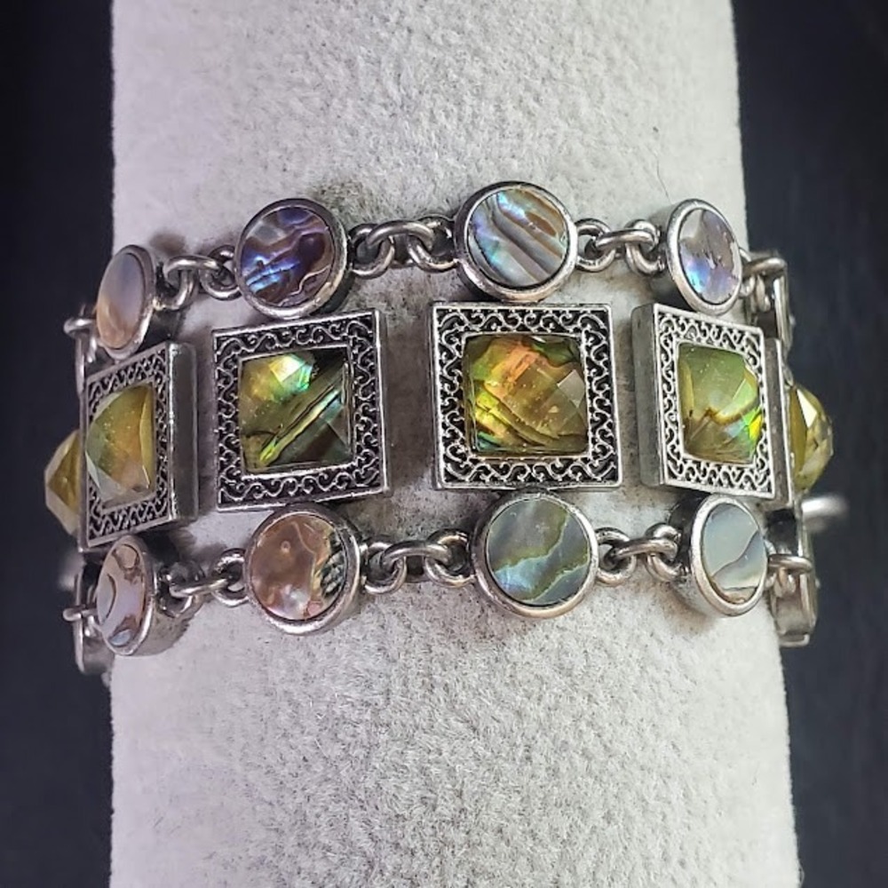 Lia Sophia Abalone Shell Silver Tone Multi Strand Toggle Bracelet Boho Filigree - Picture 2 of 9